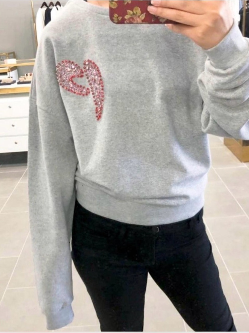 $350 Pinko Grey Women's Sweatshirt with Pink Crystal Heart Detail